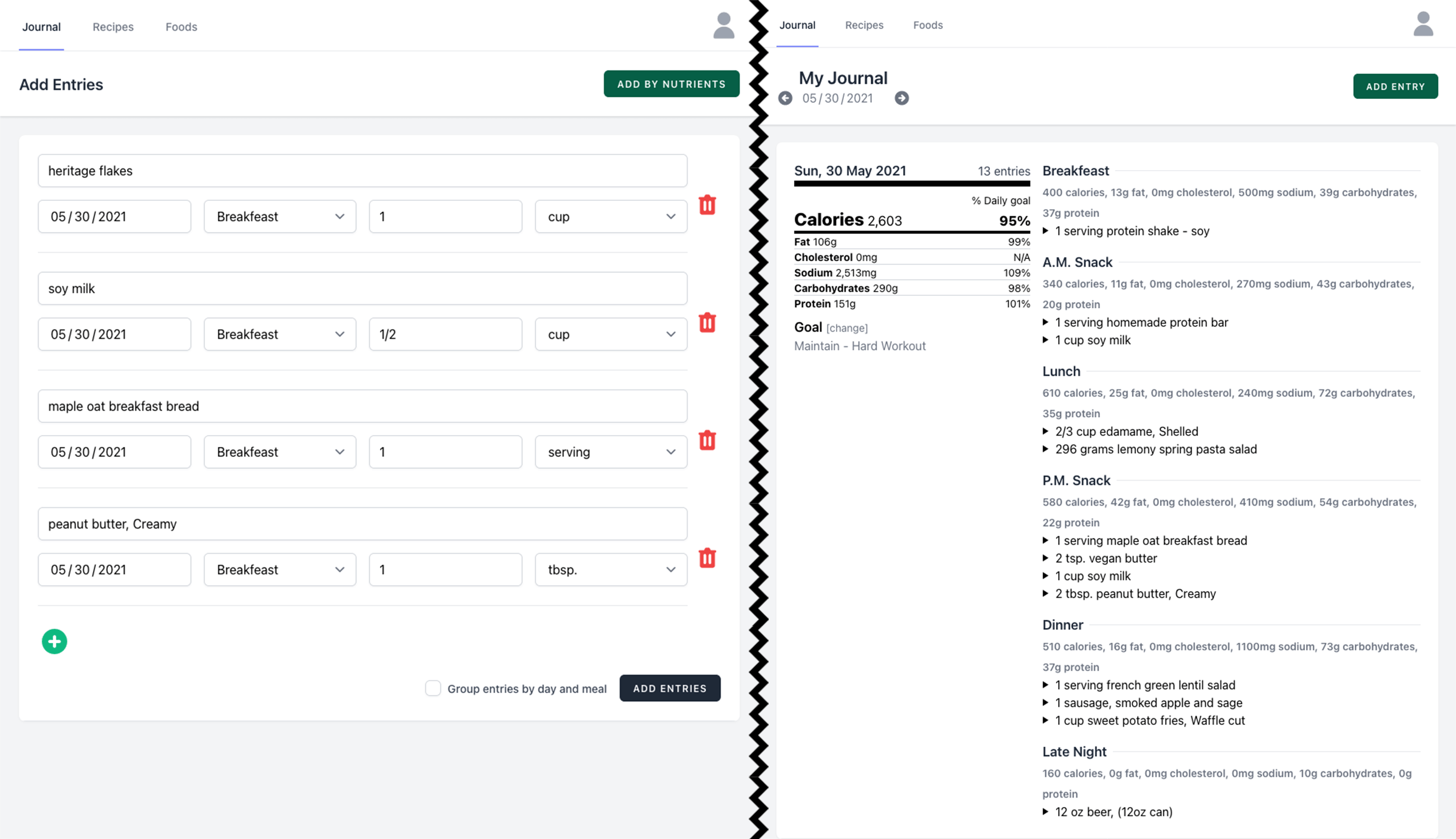 kcal journal entries edit and show screenshot