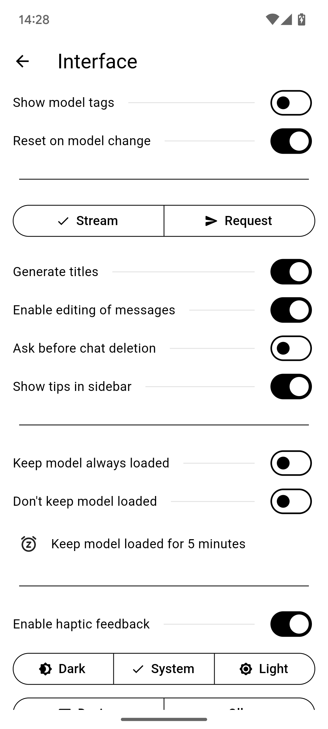 settings screen
