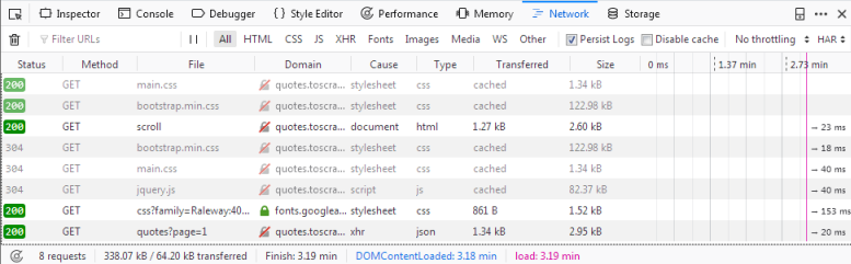 Network tab with persistent logs and requests