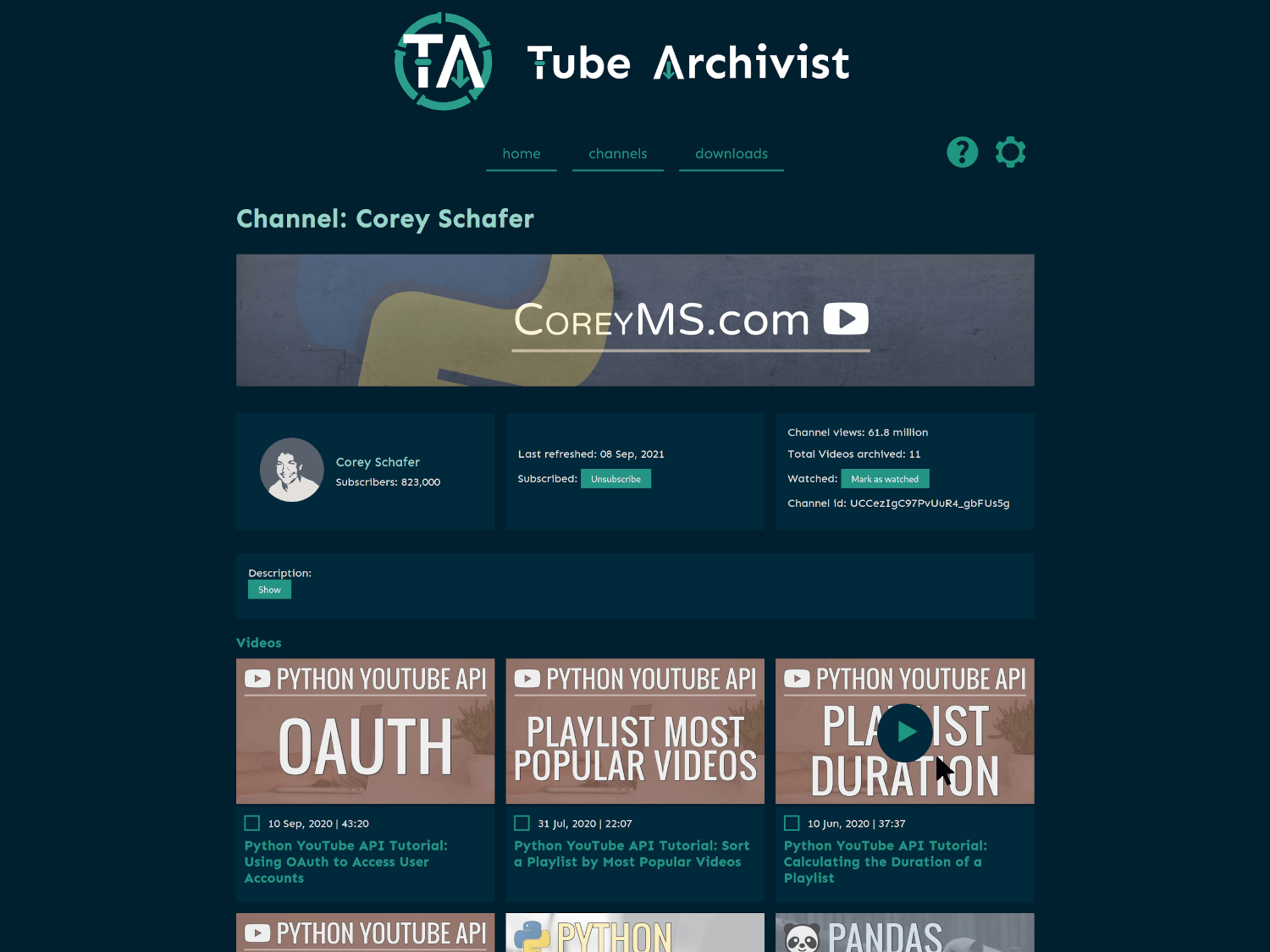 Tube Archivist Single Channel single channel screenshot