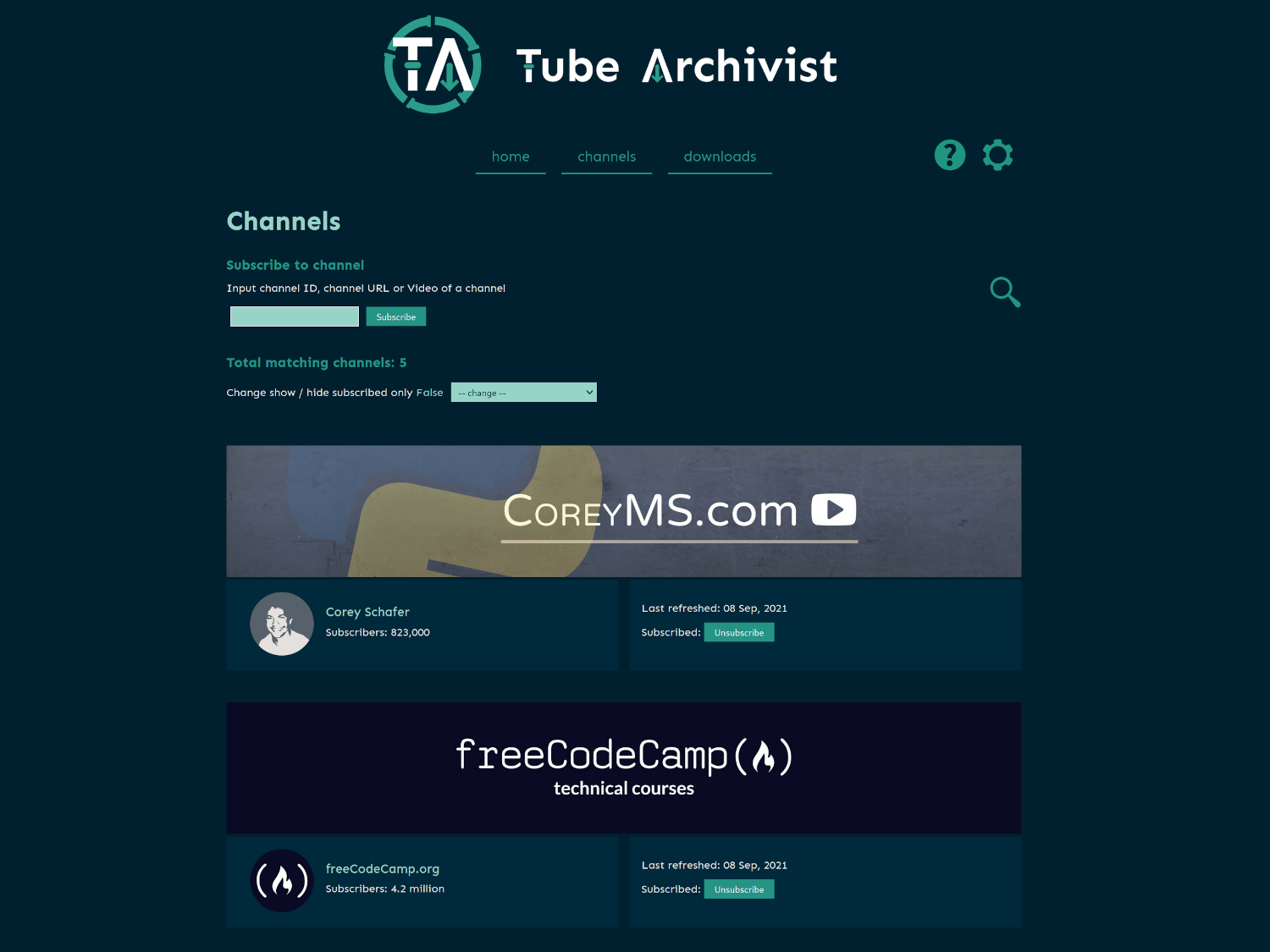 Tube Archivist Channels channels screenshot