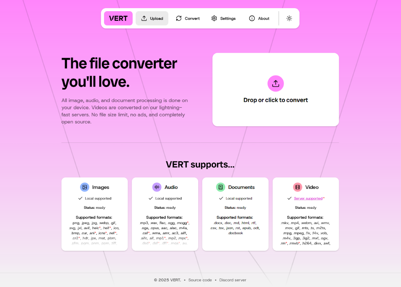 VERT upload page